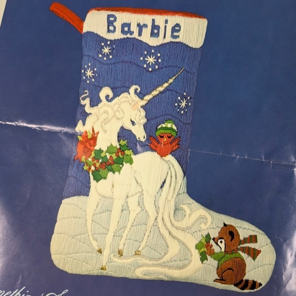CANDAMAR Needlepoint Christmas Stocking Kit -‎ Unicorn Bird Raccoon Blue 1981